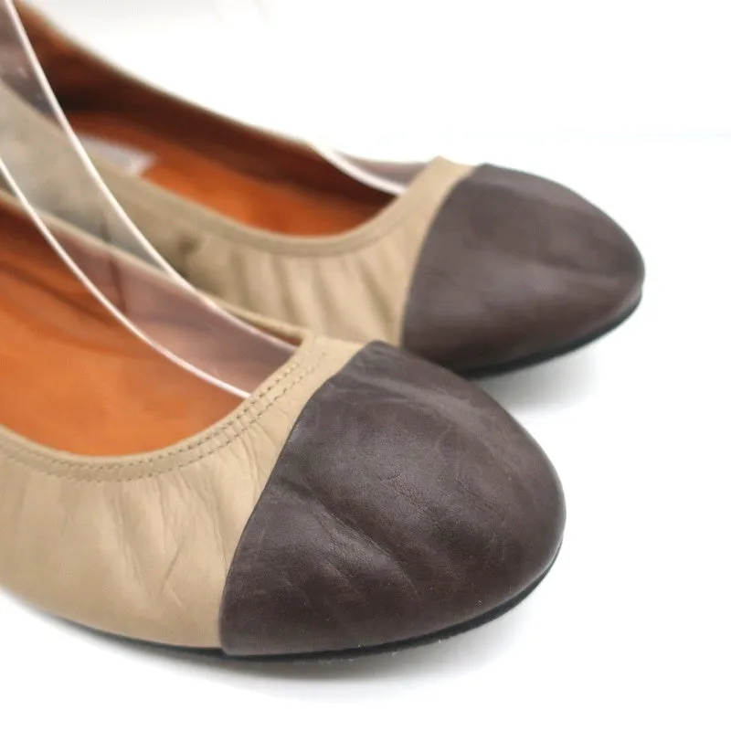 Lanvin Cap Toe Ballet Flats Taupe/Brown Two-Tone Leather Size 38.5