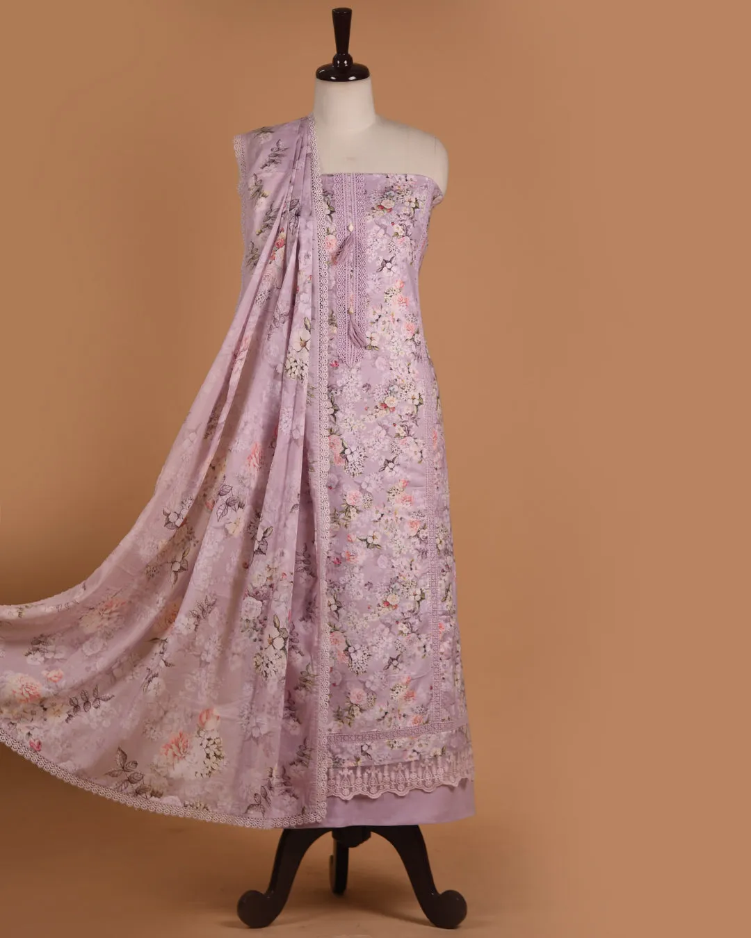 Light Mauve Cotton Glazed Printed With Embroidery Unstitched Suit Fabric Set WIth Cotton Dupatta
