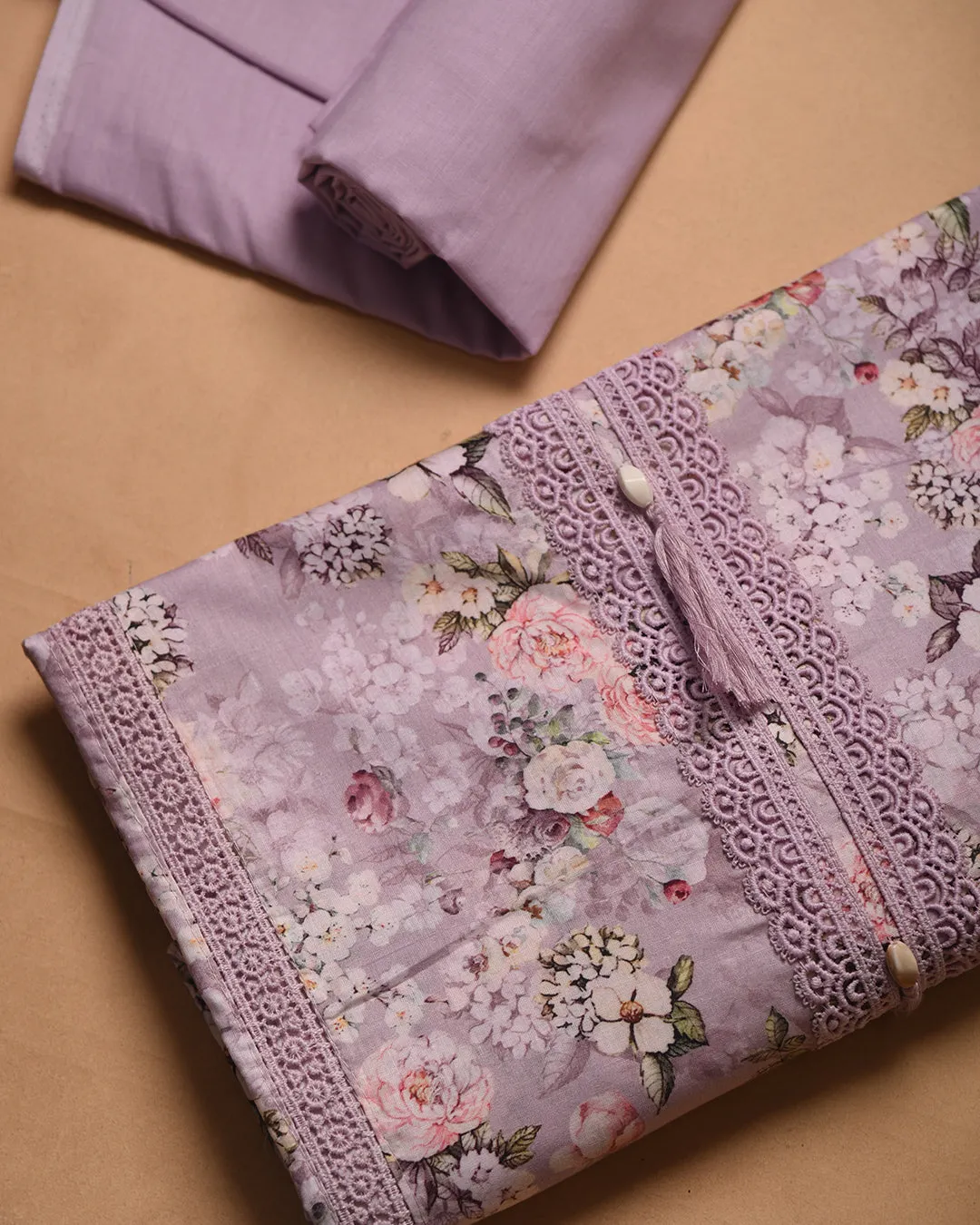 Light Mauve Cotton Glazed Printed With Embroidery Unstitched Suit Fabric Set WIth Cotton Dupatta