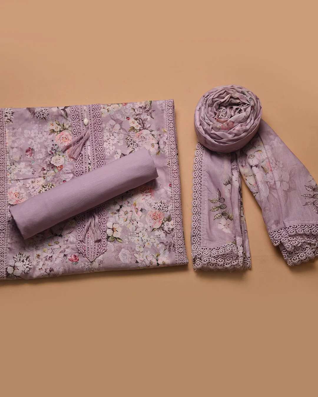 Light Mauve Cotton Glazed Printed With Embroidery Unstitched Suit Fabric Set WIth Cotton Dupatta