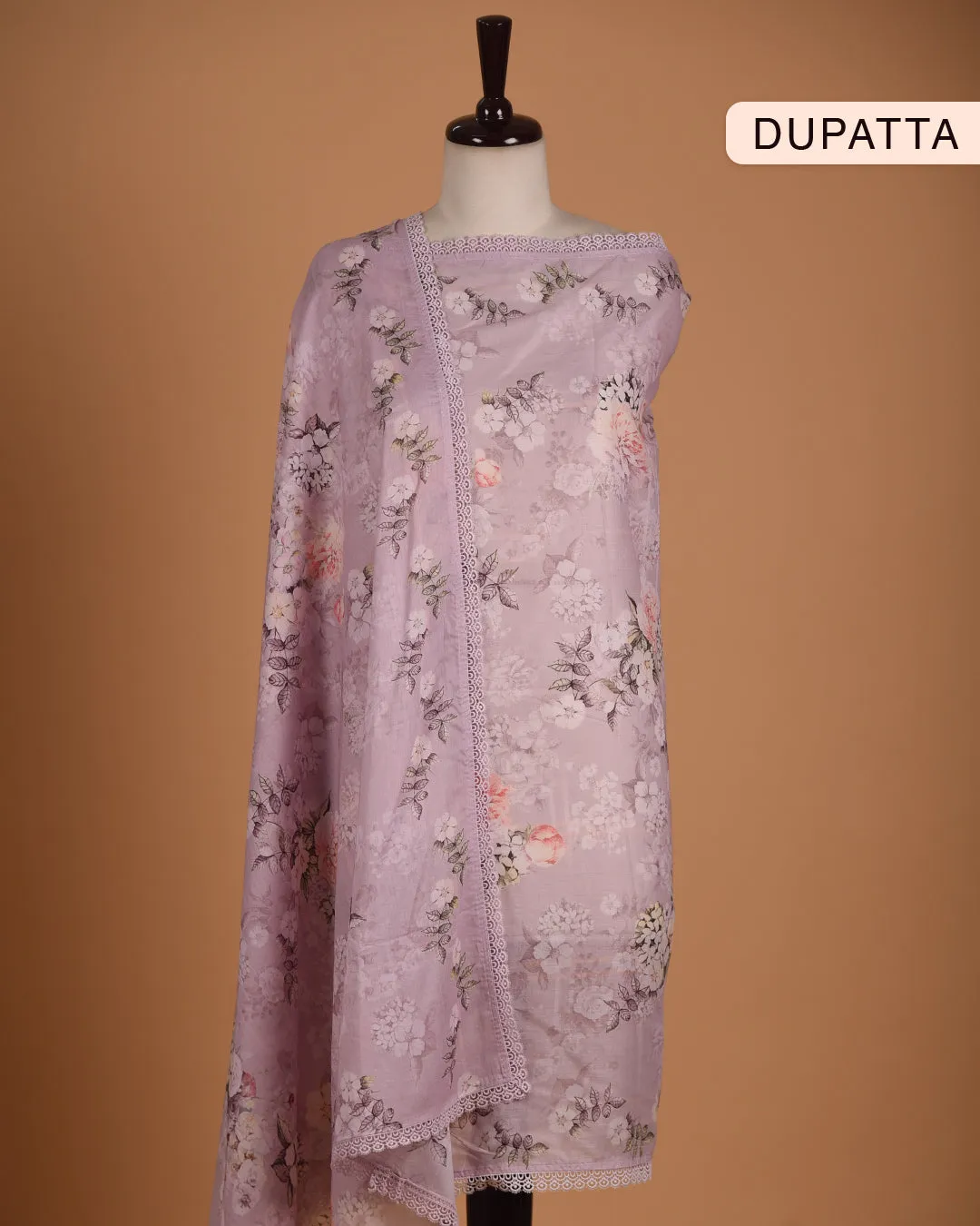 Light Mauve Cotton Glazed Printed With Embroidery Unstitched Suit Fabric Set WIth Cotton Dupatta
