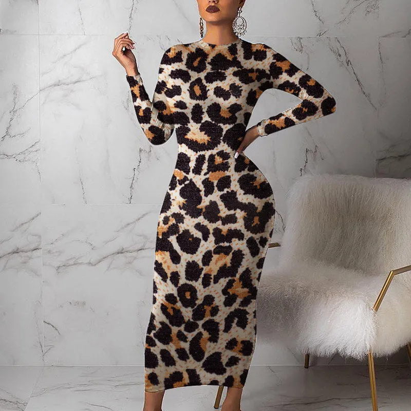Long Sleeve Leopard Printed Maxi Dress
