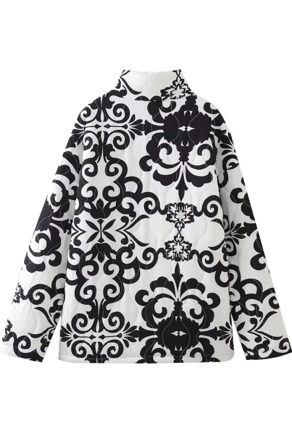 Loose Stand Collar Printed Casual Cotton Jacket