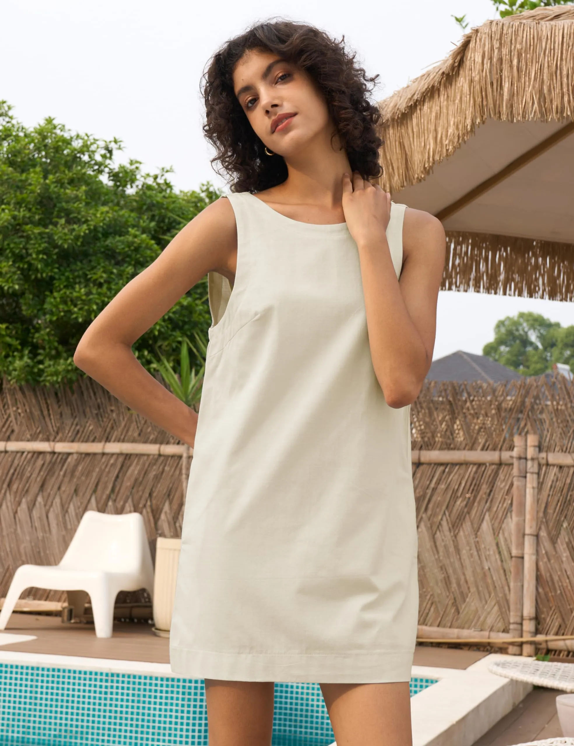 Megfie Womens Summer Crew Neck Sleeveless Open Back Dress Casual Beach Sunshine Cotton Linen Mini Dress(0793-Beige-M)