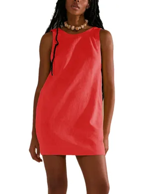 Megfie Womens Summer Crew Neck Sleeveless Open Back Dress Casual Beach Sunshine Cotton Linen Mini Dress(0793-Red-S)