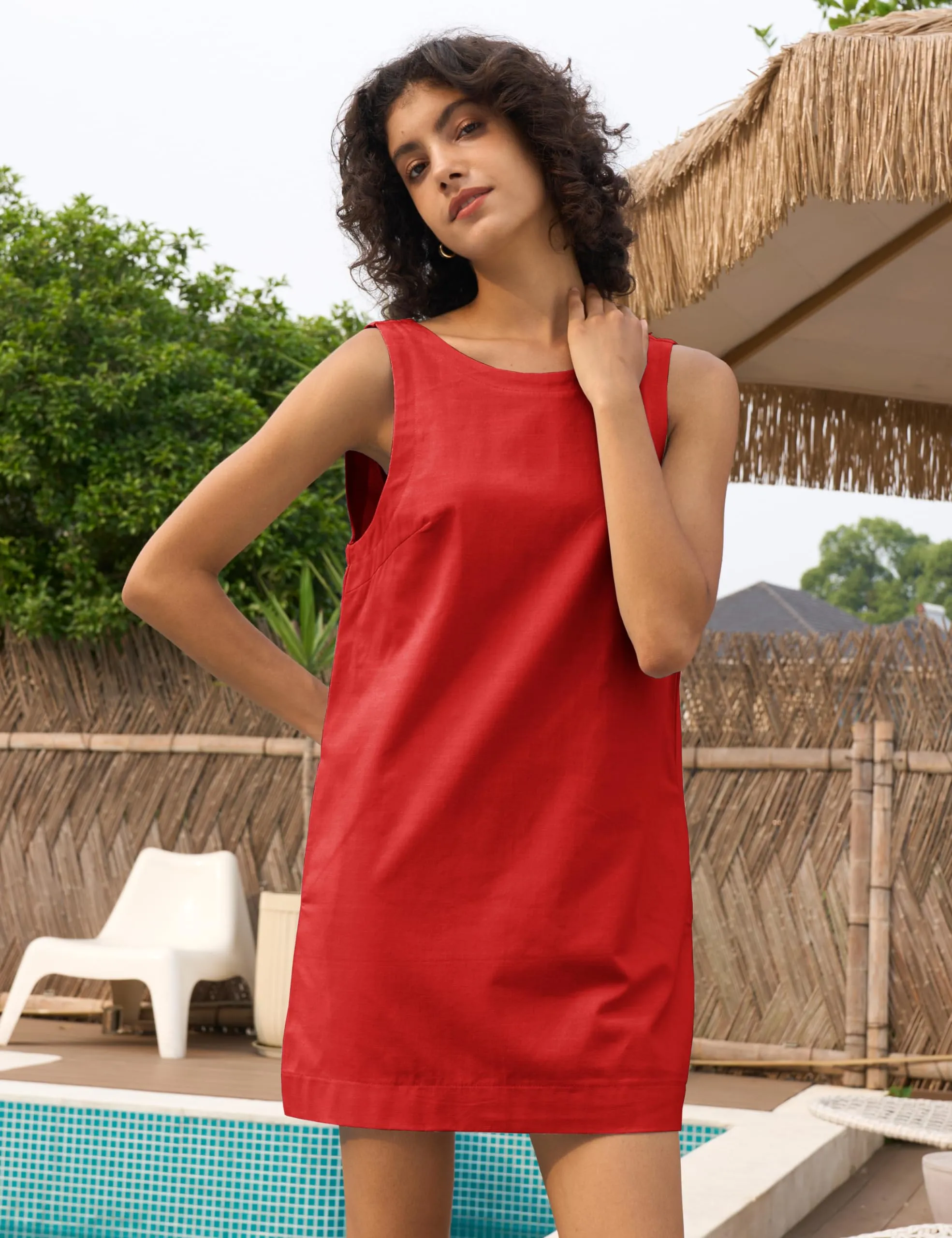 Megfie Womens Summer Crew Neck Sleeveless Open Back Dress Casual Beach Sunshine Cotton Linen Mini Dress(0793-Red-S)