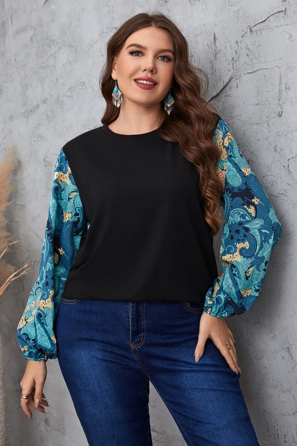 Melo Apparel Plus Size Printed Sleeve Round Neck Blouse