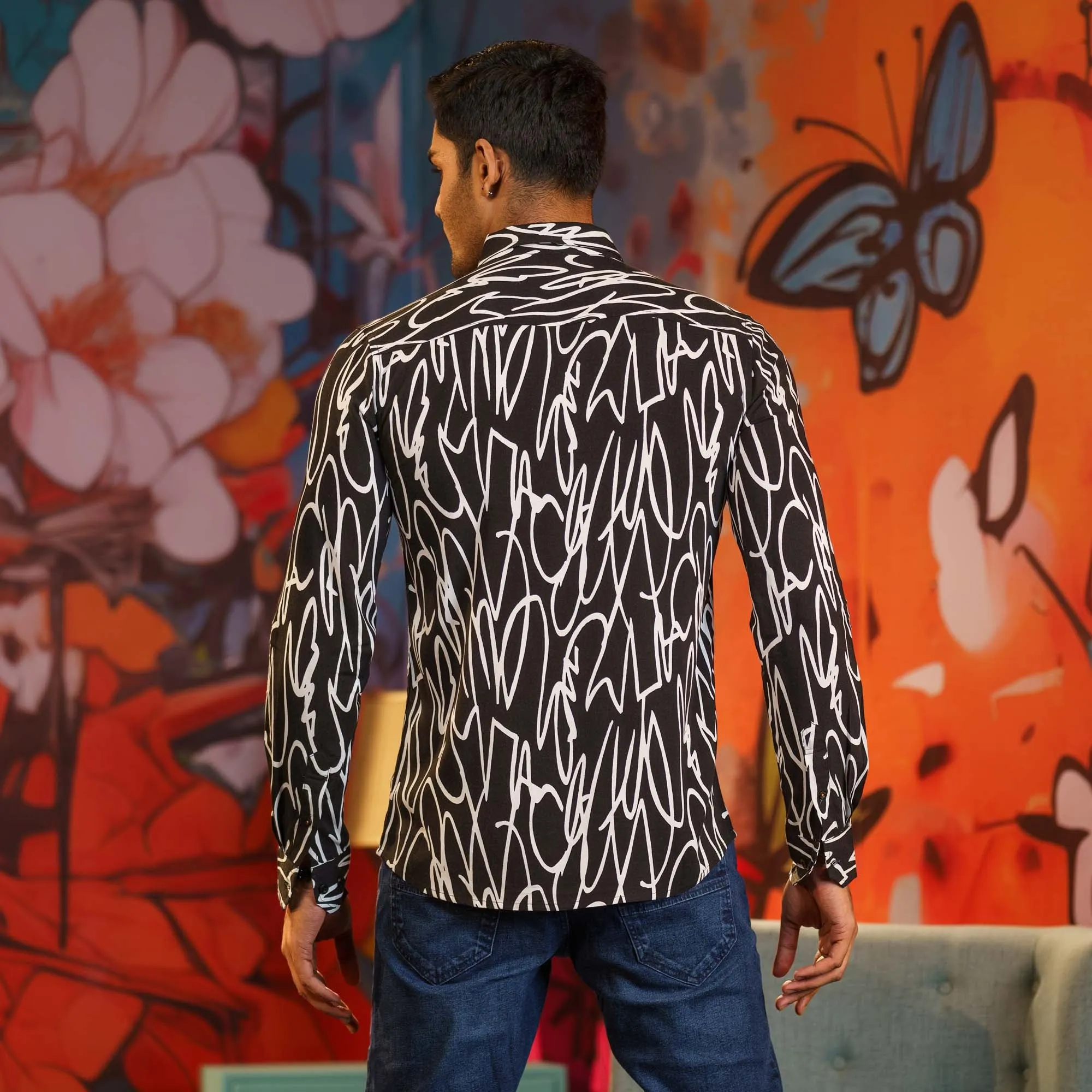 Mens Black Printed Shirt