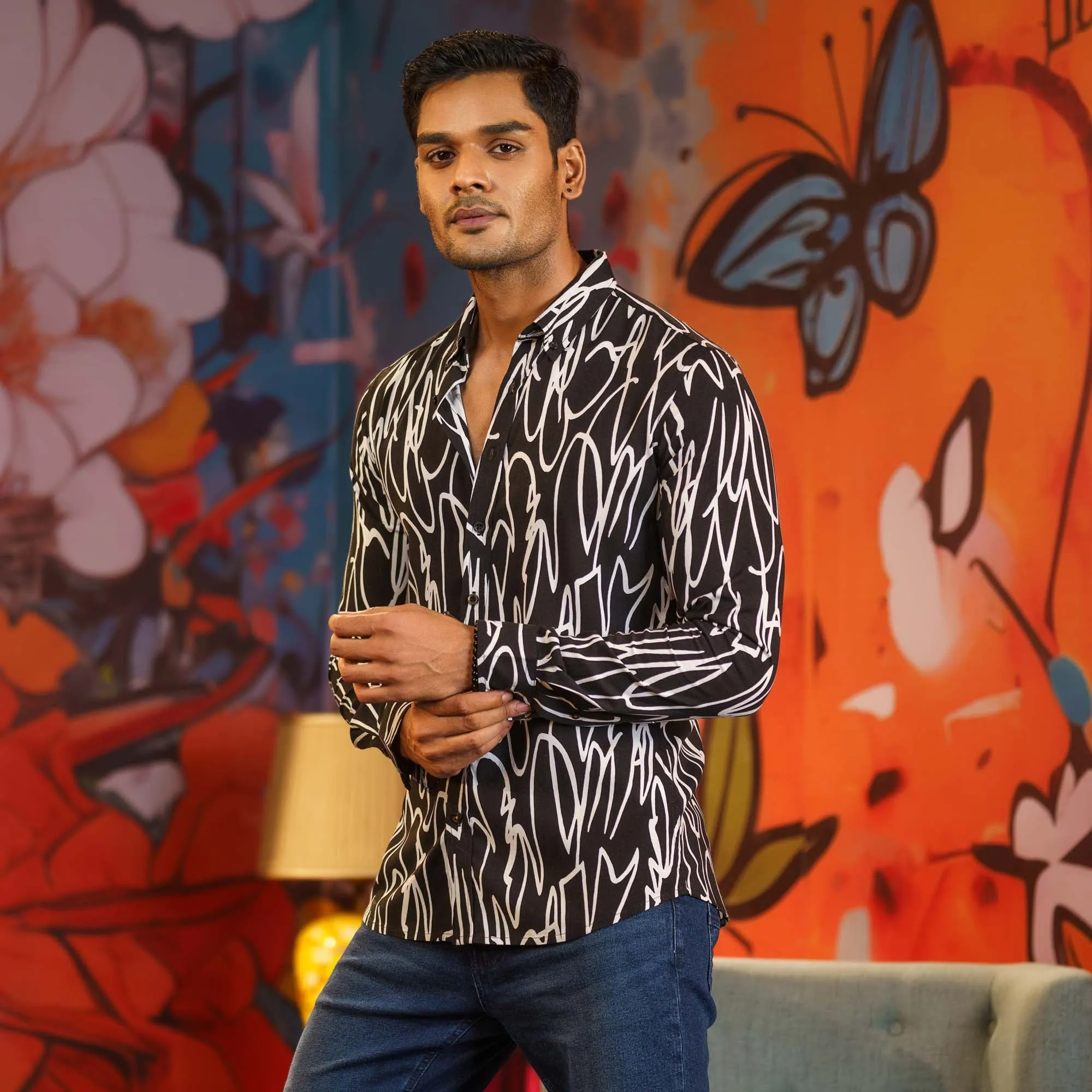 Mens Black Printed Shirt