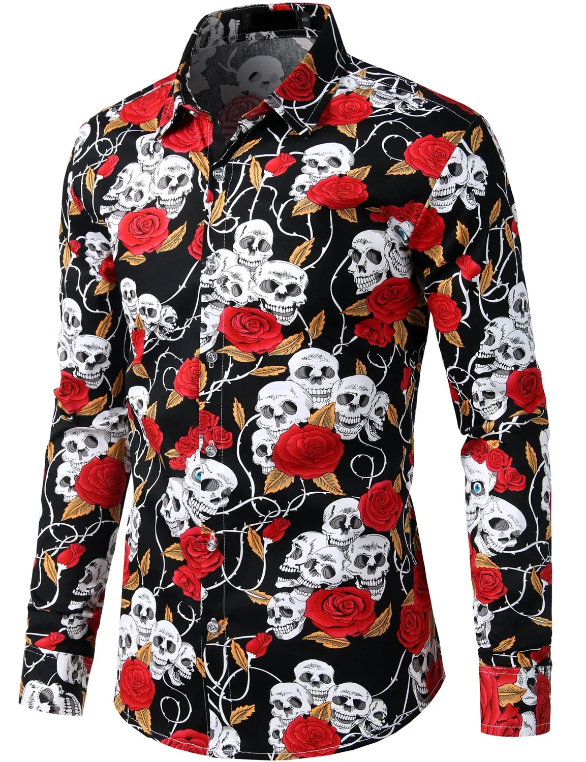 Men's Floral Print Long Sleeve Skull Cotton Casual Button Down Shirt