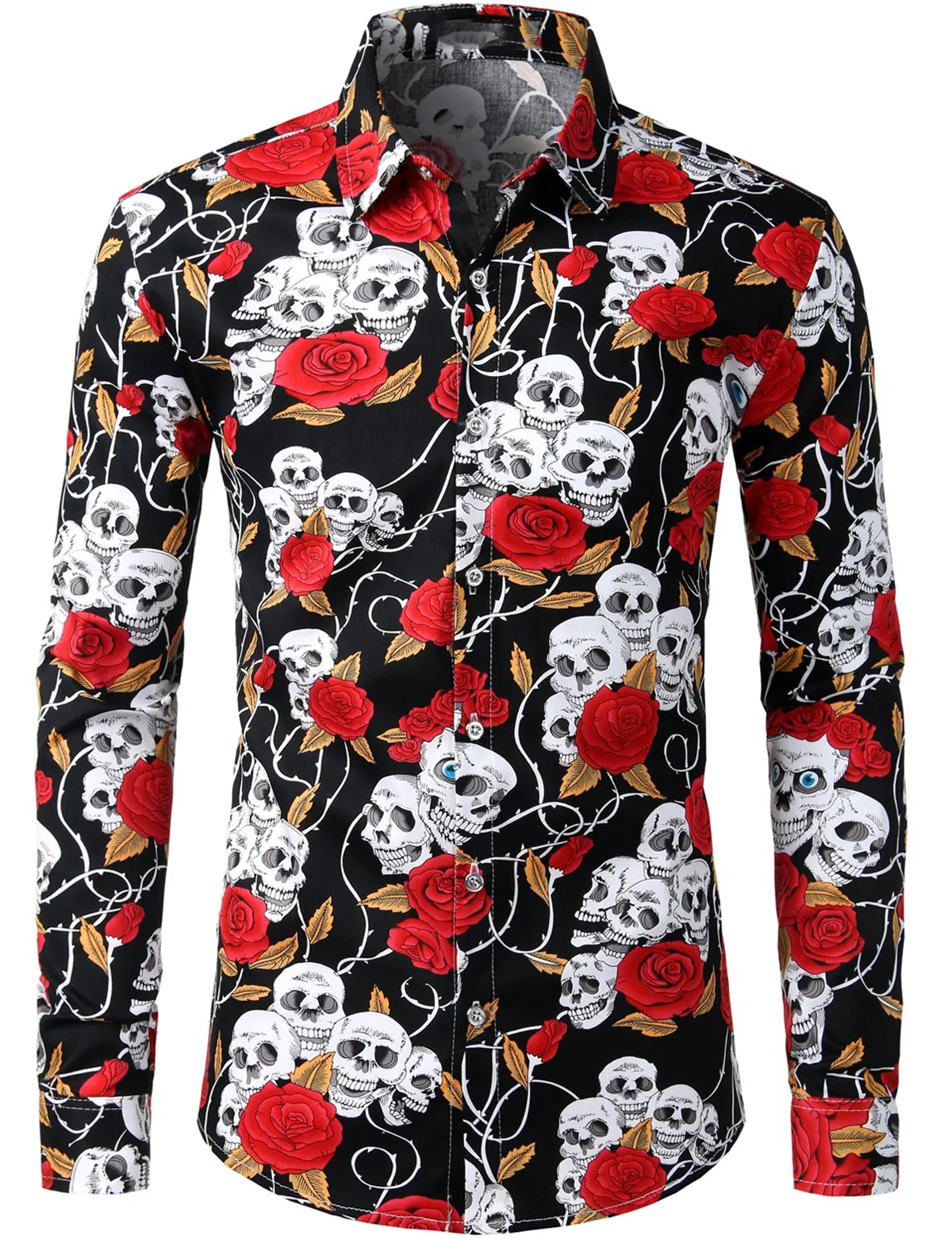 Men's Floral Print Long Sleeve Skull Cotton Casual Button Down Shirt
