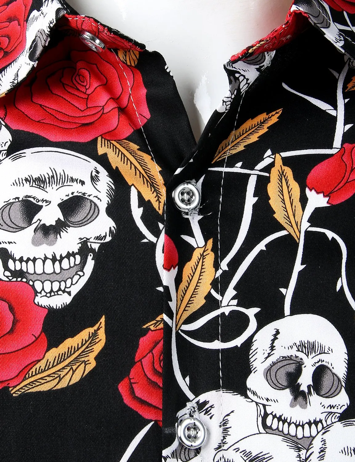 Men's Floral Print Long Sleeve Skull Cotton Casual Button Down Shirt