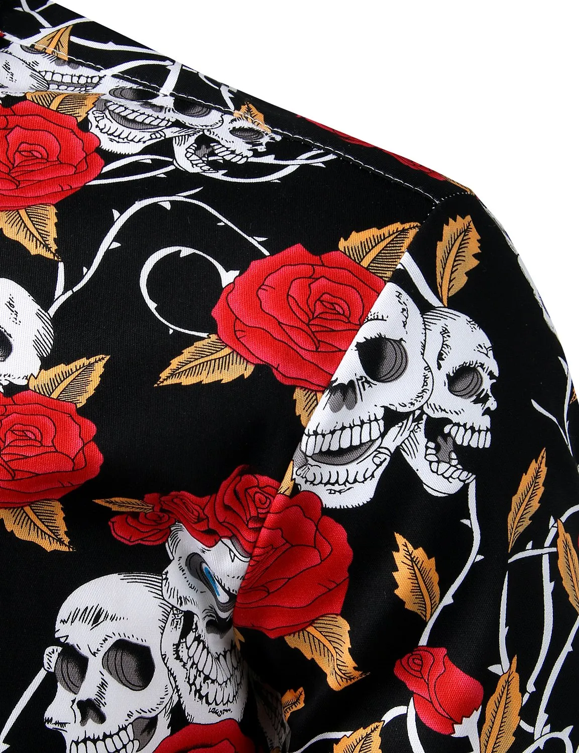 Men's Floral Print Long Sleeve Skull Cotton Casual Button Down Shirt