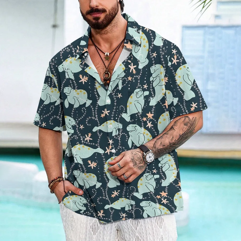 Men's Manatee Printed Hawaiian Casual Short Sleeve Shirt 2404001060