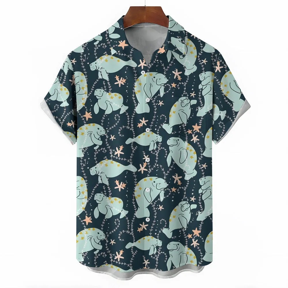 Men's Manatee Printed Hawaiian Casual Short Sleeve Shirt 2404001060