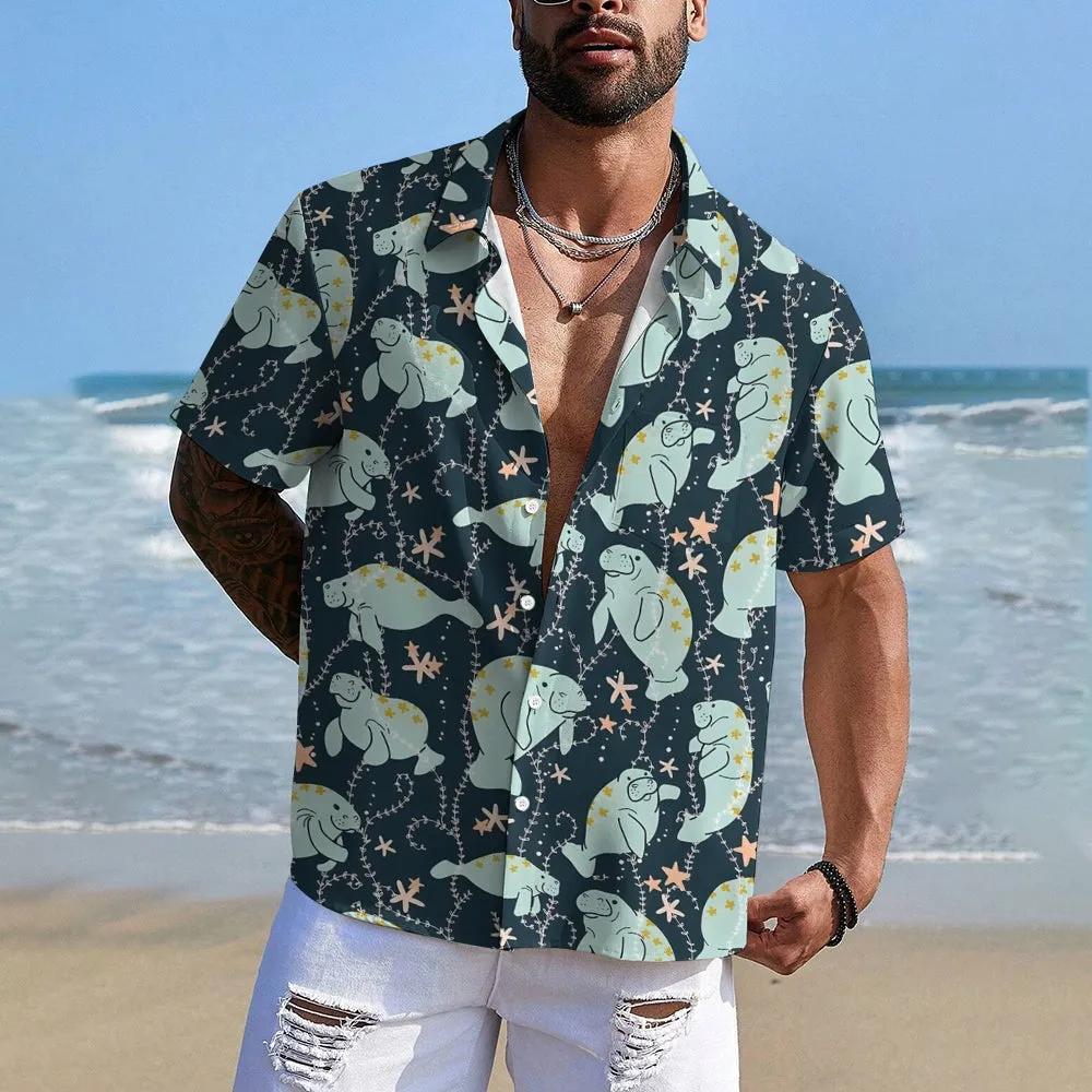 Men's Manatee Printed Hawaiian Casual Short Sleeve Shirt 2404001060