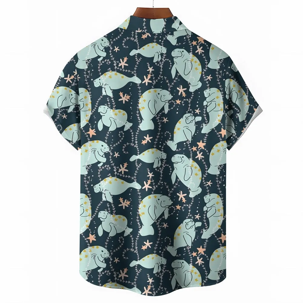 Men's Manatee Printed Hawaiian Casual Short Sleeve Shirt 2404001060