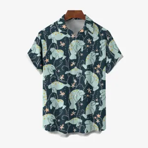 Men's Manatee Printed Hawaiian Casual Short Sleeve Shirt 2404001060
