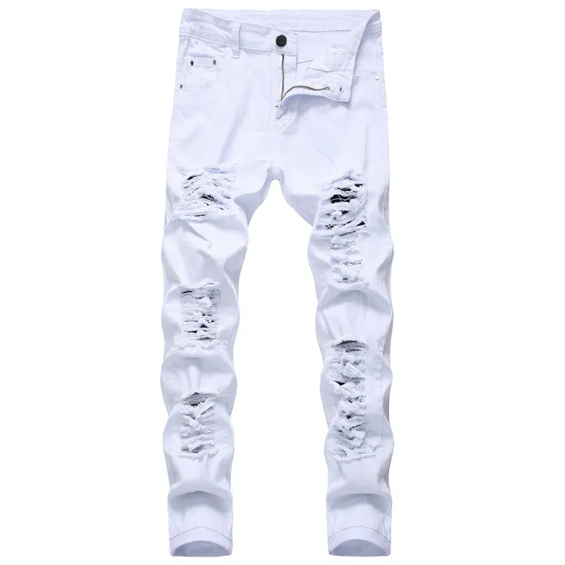 Men's Ripped Jeans Straight Pants Mid Waisted Urban Jeans Denim Trousers