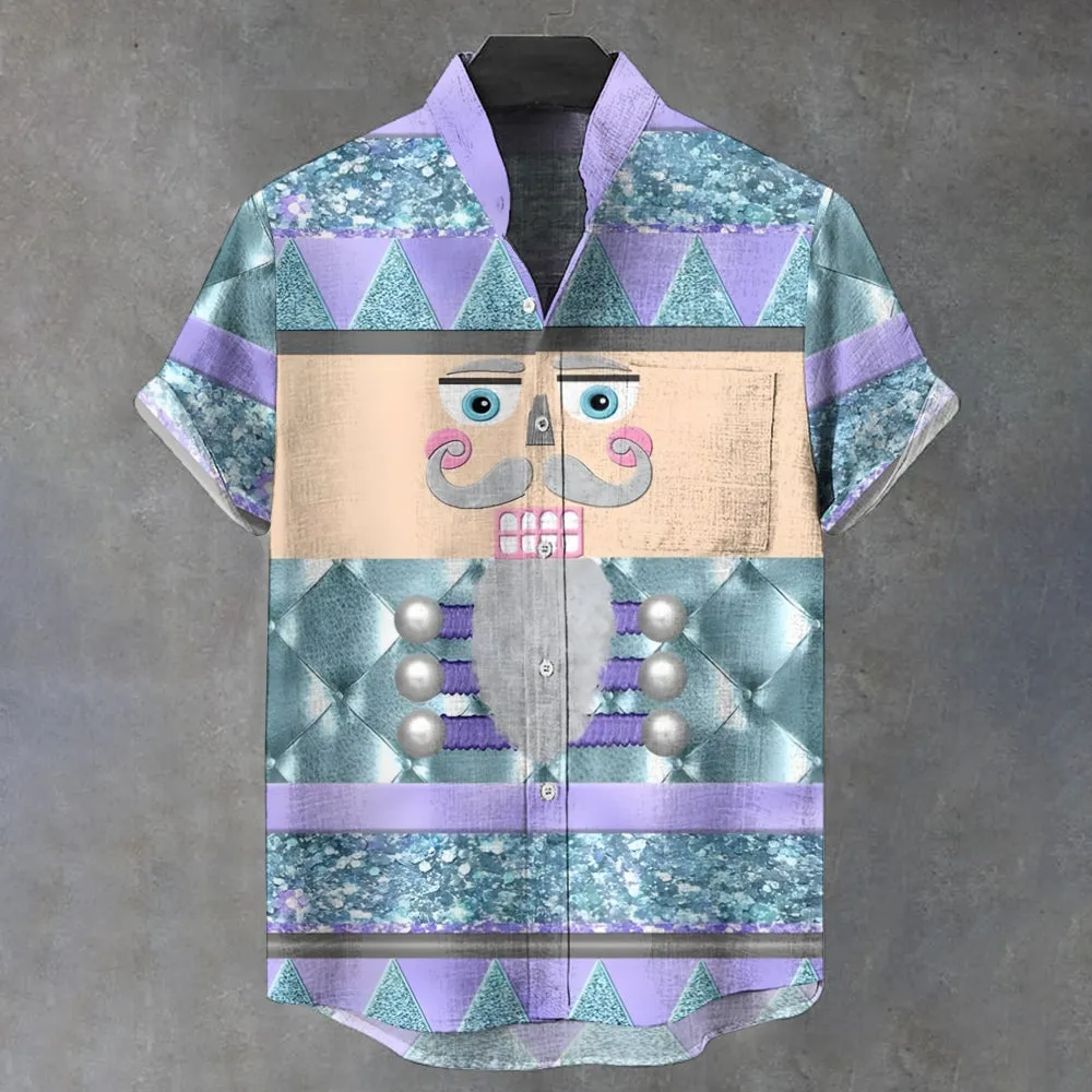 Men's Stand Collar Shiny Nutcracker Printed Short Sleeve Shirt 2410004879