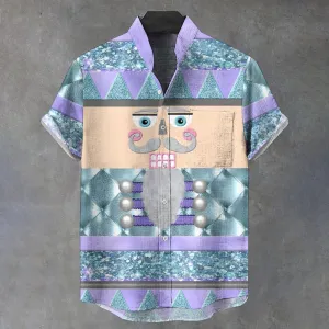 Men's Stand Collar Shiny Nutcracker Printed Short Sleeve Shirt 2410004879