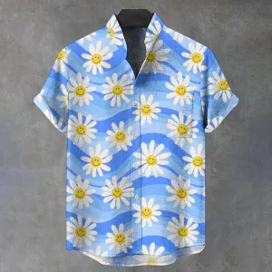 Men's Stand Collar Smiling Flowers Printed Short Sleeve Shirt 2410004827