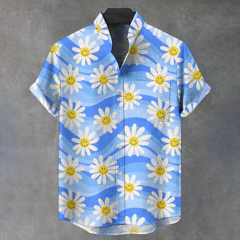 Men's Stand Collar Smiling Flowers Printed Short Sleeve Shirt 2410004827