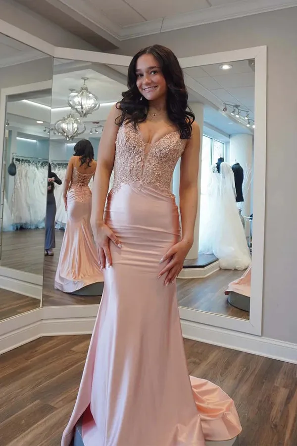 Mermaid V-neck Light Pink Satin Appliques Long Prom Dress TP1403