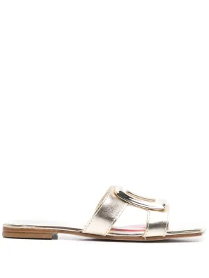 Metal buckle leather flat sandals