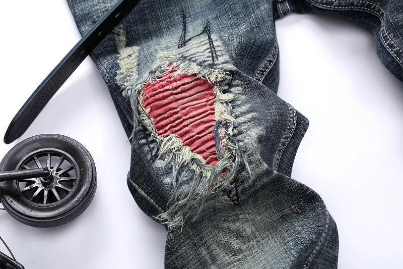 Motorcycle Jeans Mid Waist Straight Pants Men's Ripped Jeans