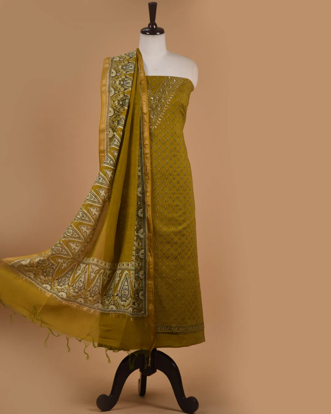 Mustard Cotton Printed With Embroidery Unstitched Suit Fabric Set With Chanderi Printed Dupatta
