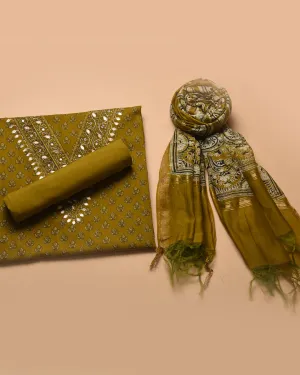 Mustard Cotton Printed With Embroidery Unstitched Suit Fabric Set With Chanderi Printed Dupatta