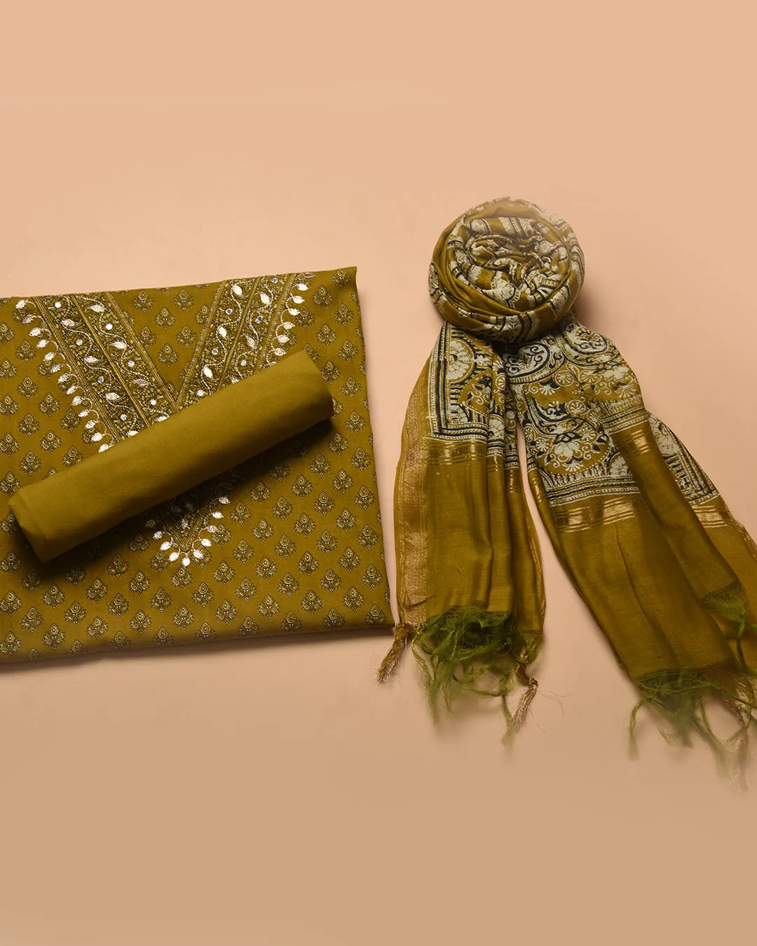 Mustard Cotton Printed With Embroidery Unstitched Suit Fabric Set With Chanderi Printed Dupatta