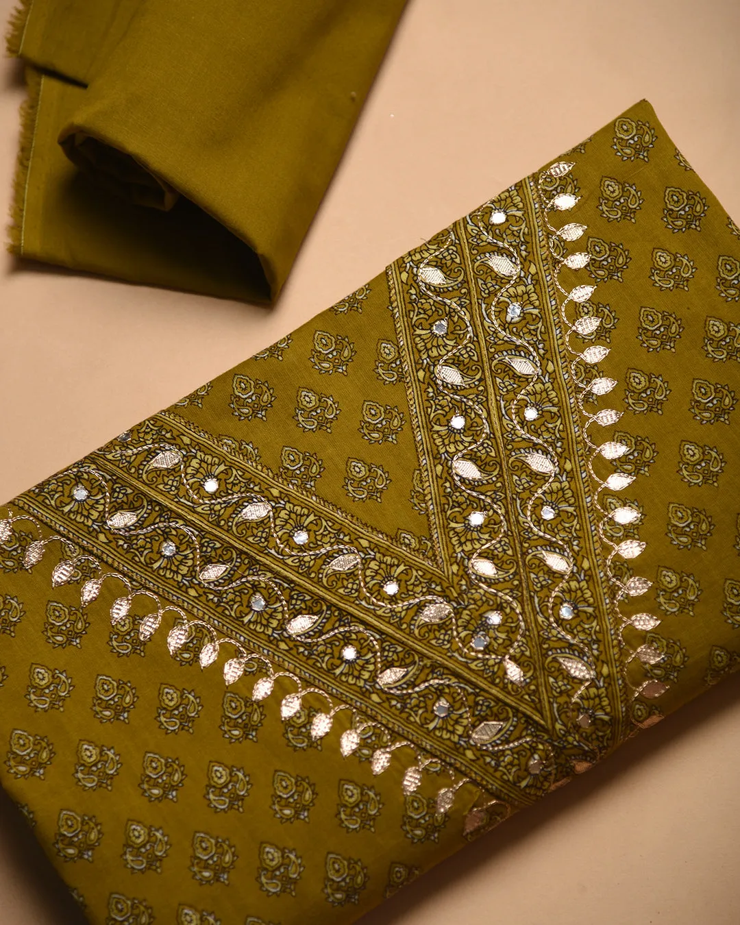 Mustard Cotton Printed With Embroidery Unstitched Suit Fabric Set With Chanderi Printed Dupatta