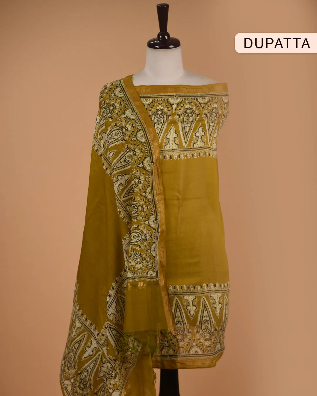 Mustard Cotton Printed With Embroidery Unstitched Suit Fabric Set With Chanderi Printed Dupatta