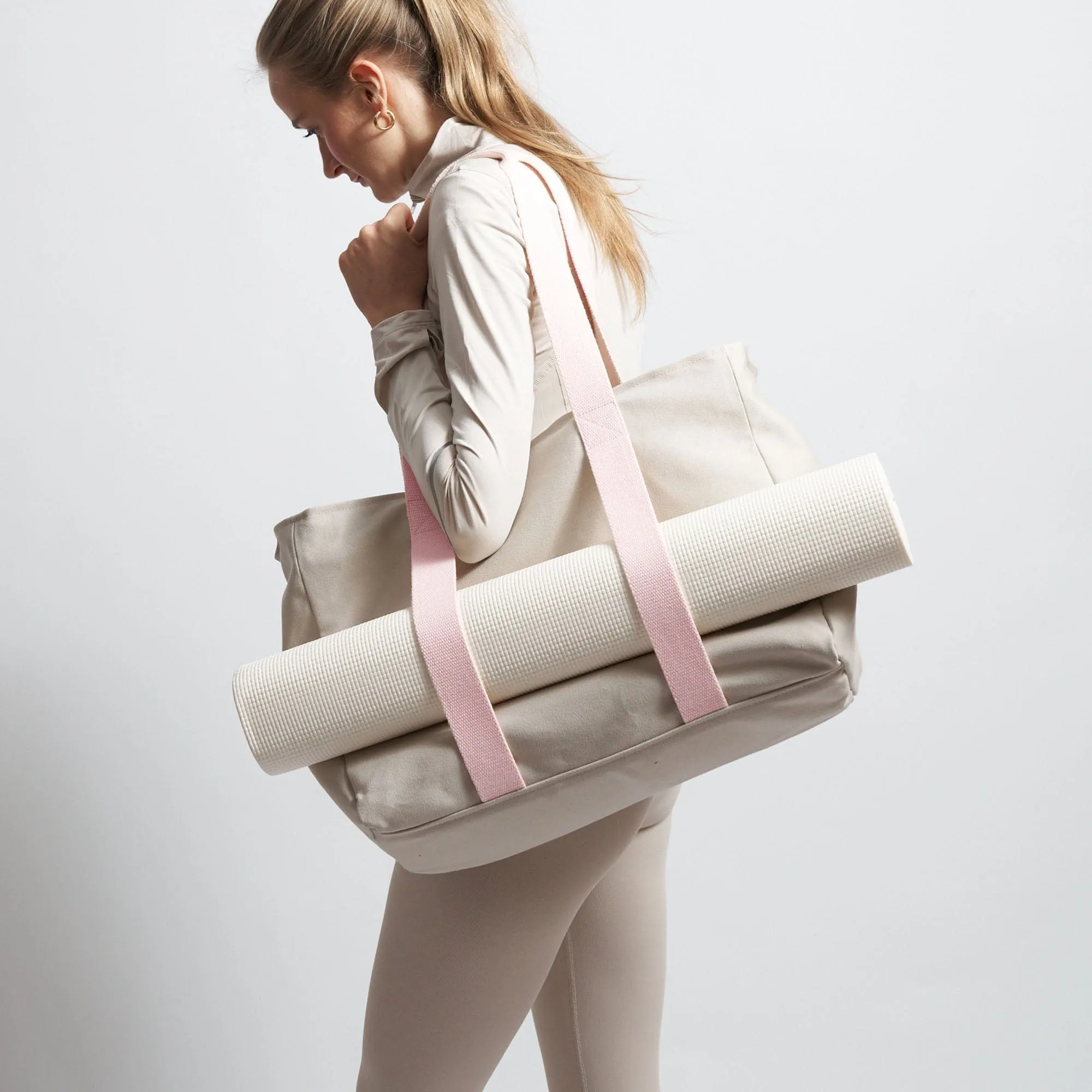 Natural Cotton Canvas Yoga Tote | Sand & Pink