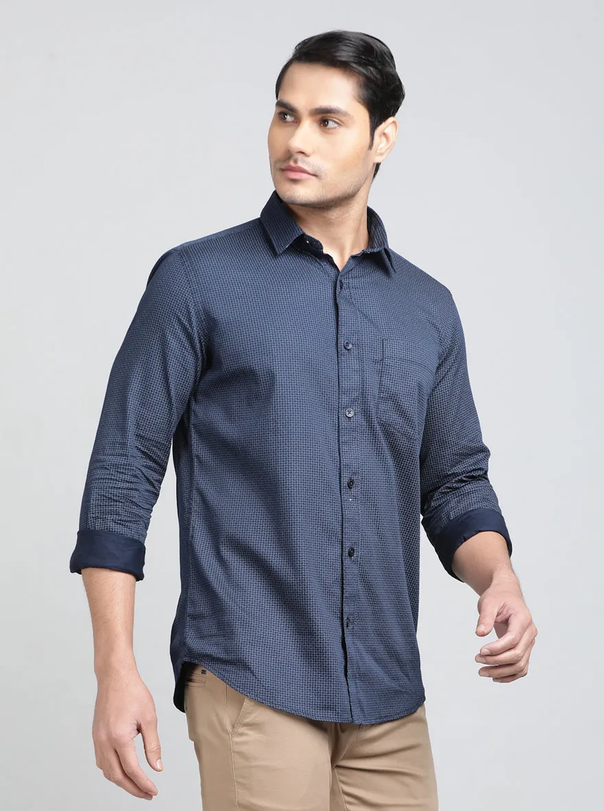 Navy Blue Printed Smart Fit Semi Casual Shirt | Greenfibre