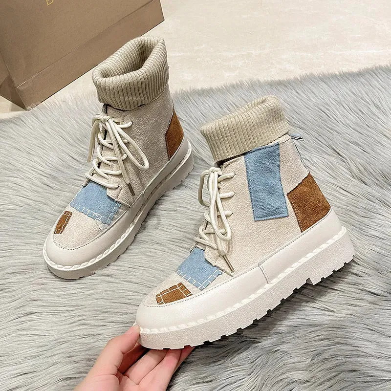 New Women's Boots Canvas Shoes Color Blocking Platform Boots Fashion