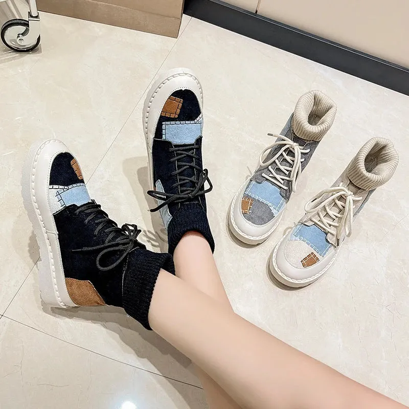 New Women's Boots Canvas Shoes Color Blocking Platform Boots Fashion