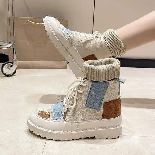 New Women's Boots Canvas Shoes Color Blocking Platform Boots Fashion