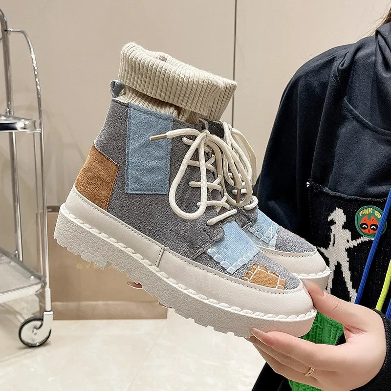 New Women's Boots Canvas Shoes Color Blocking Platform Boots Fashion