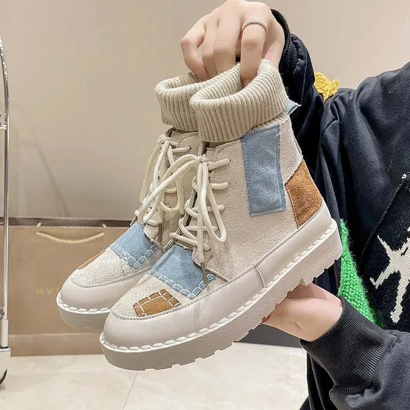 New Women's Boots Canvas Shoes Color Blocking Platform Boots Fashion