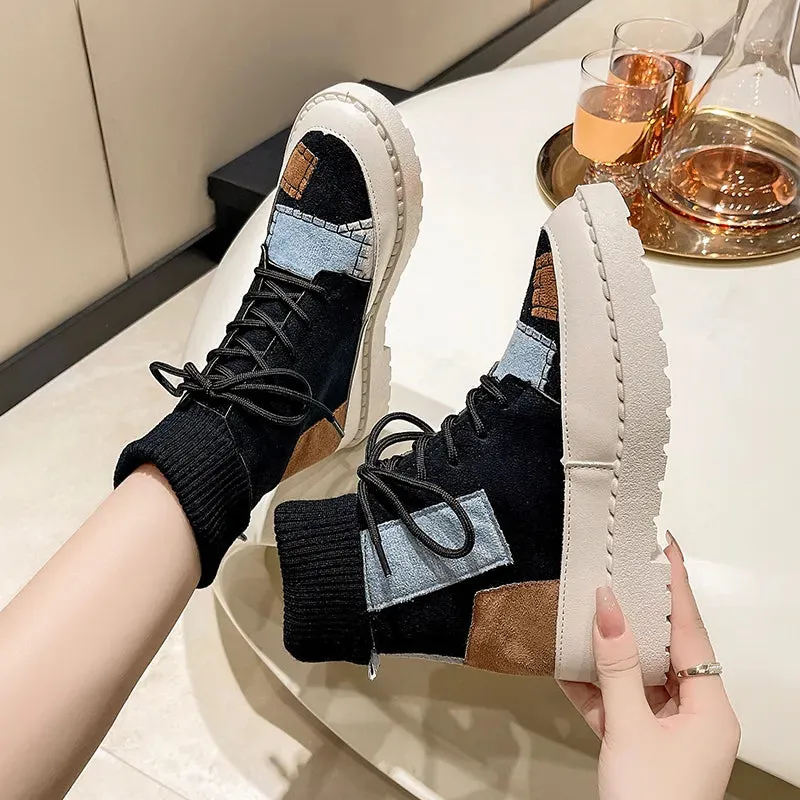 New Women's Boots Canvas Shoes Color Blocking Platform Boots Fashion
