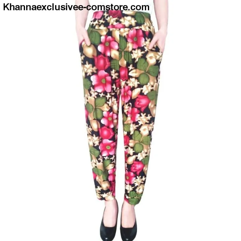 New Women's Elegant Trousers Pants Floral Printed Elastic Waist Thin Pencil Pants