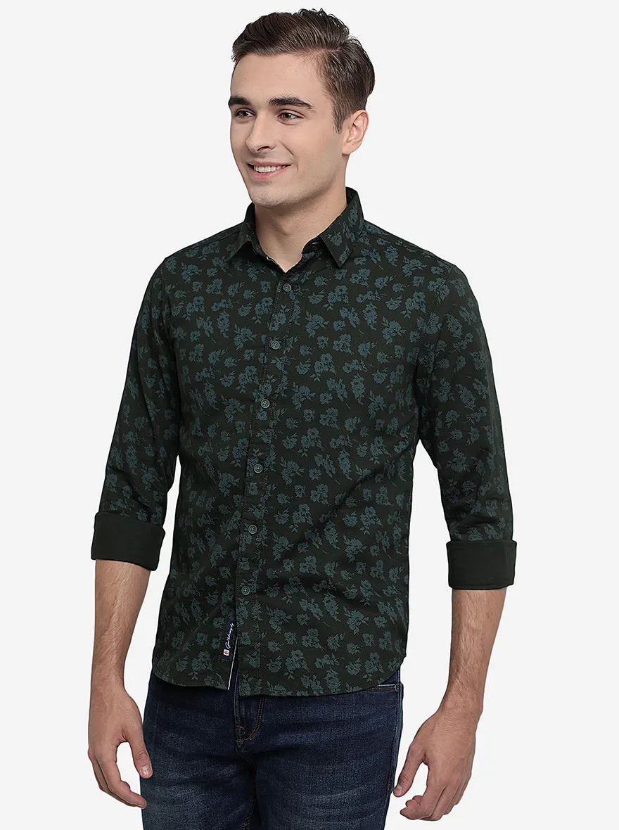 Olive Green Printed Slim Fit Semi Casual Shirt | Greenfibre