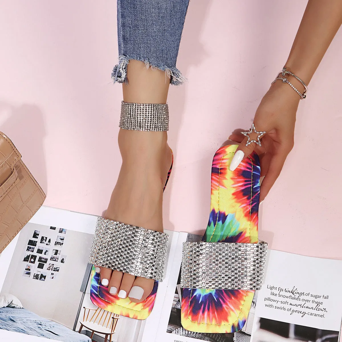 One-line Sandals And Slippers With Rhinestone Print Bottom
