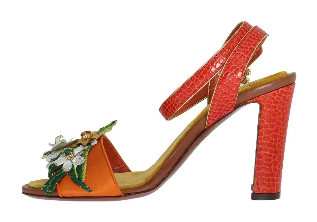 Orange Floral Crystal Leather Sandals