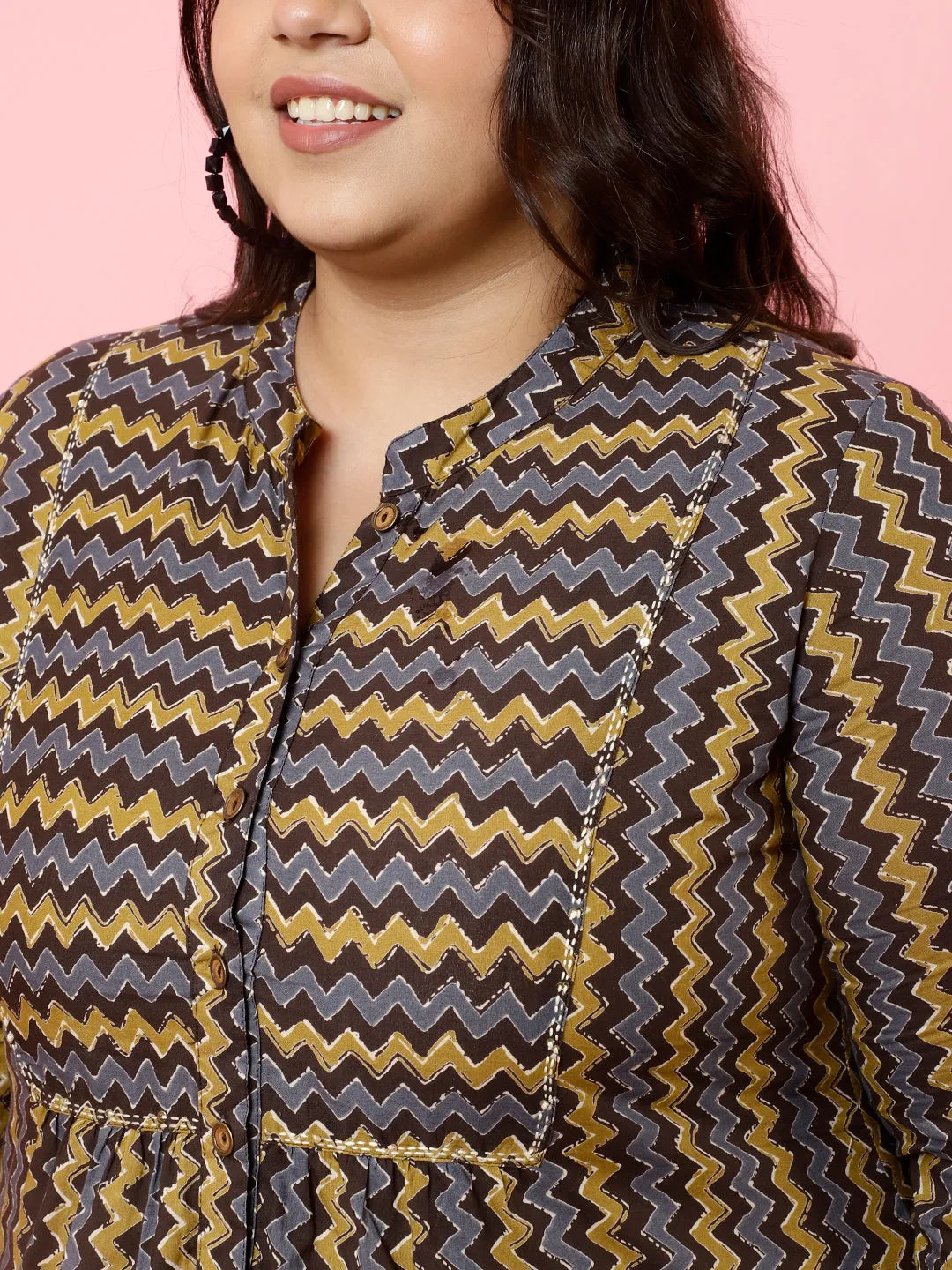 Plus Size Charcoal Zig-Zag Printed Top