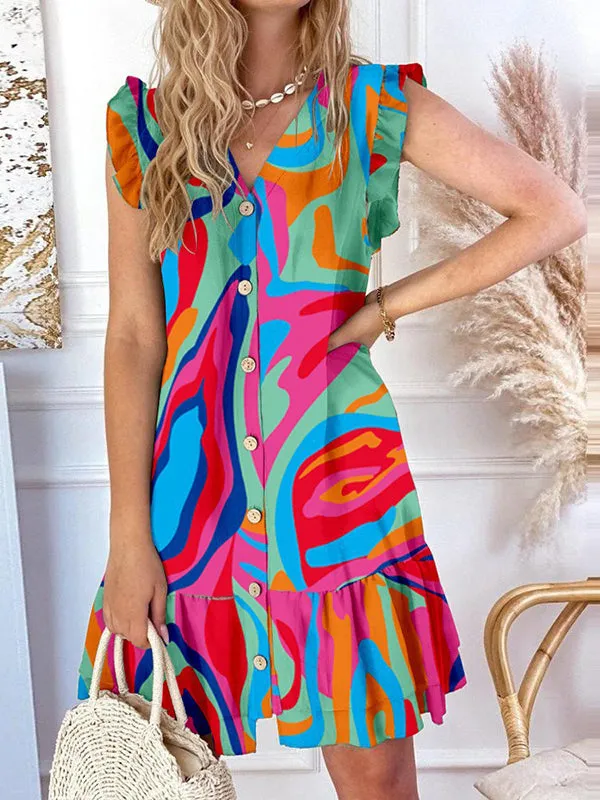 Prettybeautie Printed Button-Front Dress