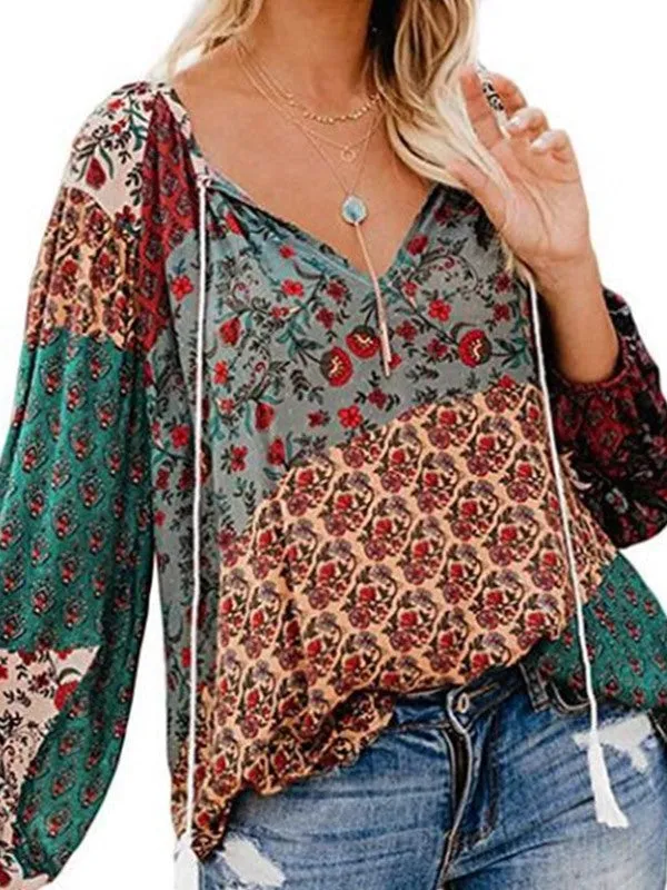 Prettybeautie Printed V-Neck Blouse